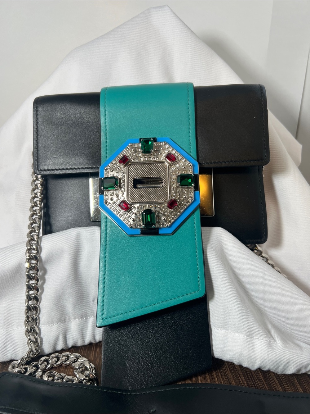 Prada Black and Teal City Calf Leather Jewels Ribbon Bag